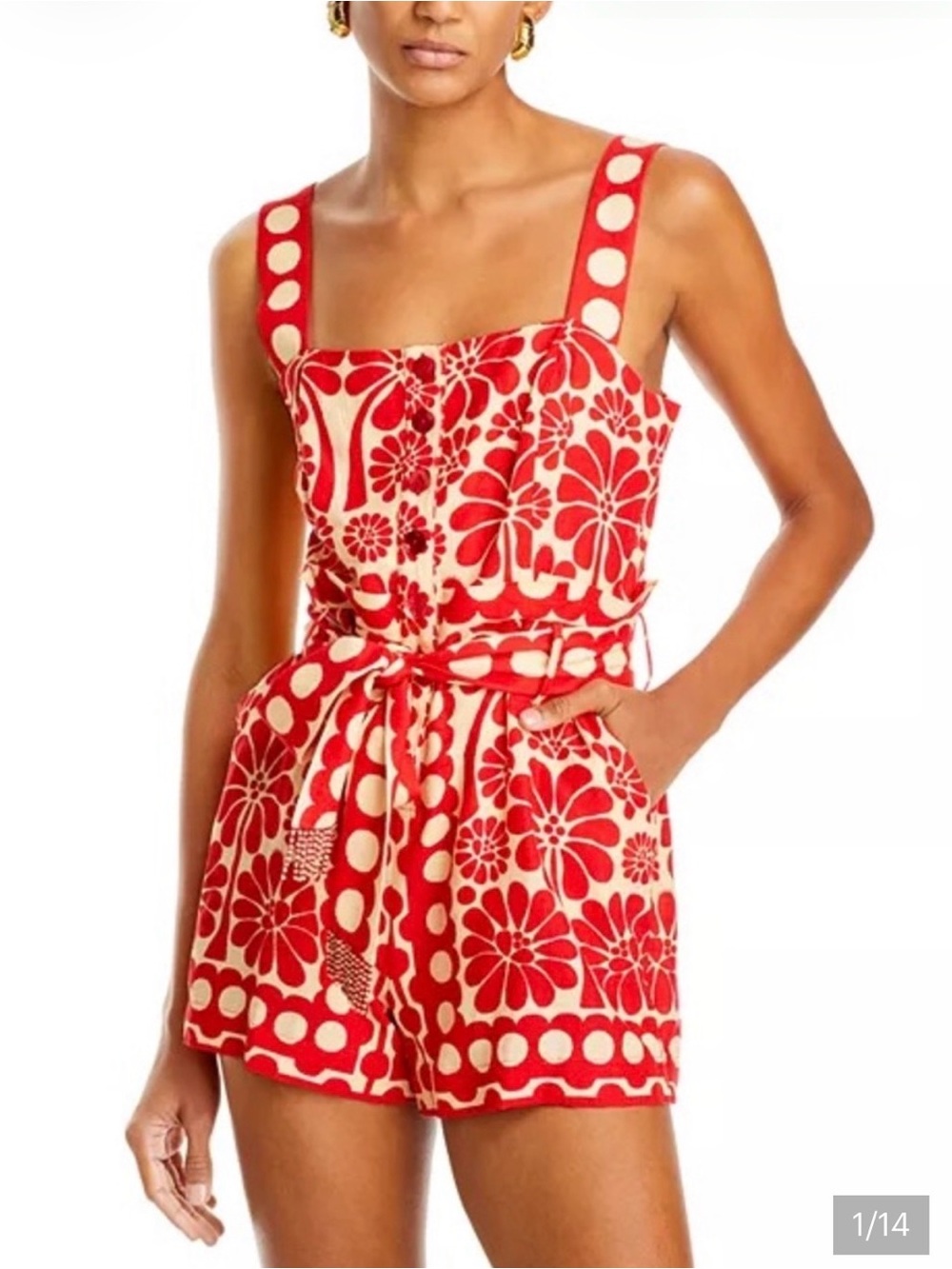 FARM Rio Red and Cream Floral Belted Romper